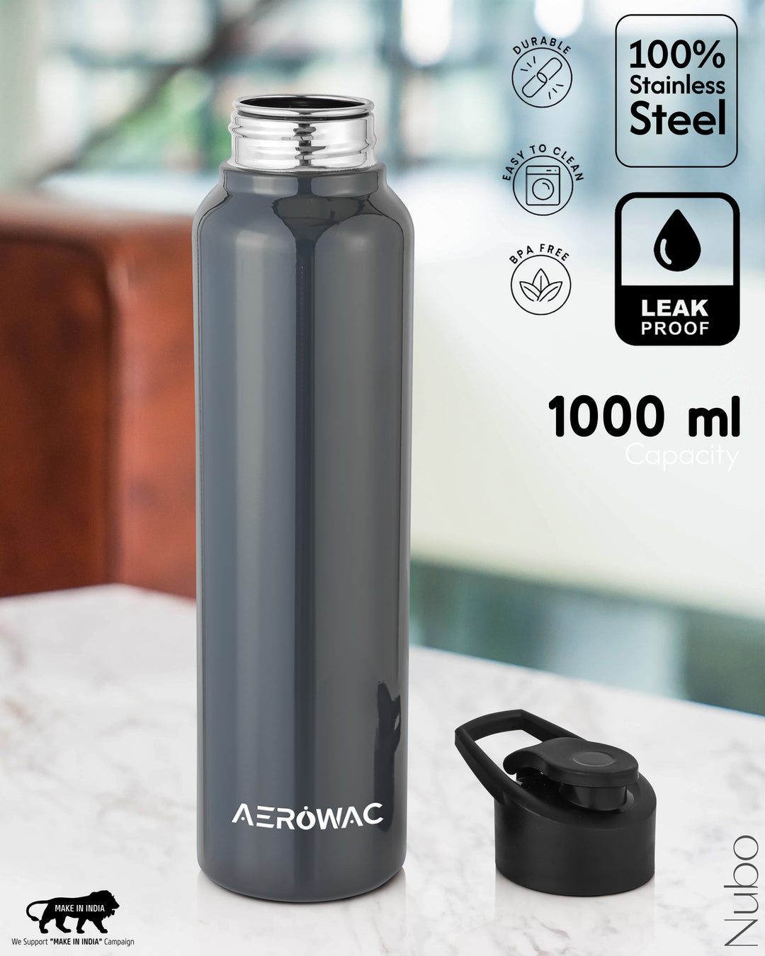 Aerowac Nubo Alpha Stainless Steel Water Bottle | 1000 ml | BPA Free | Leak Proof | Premium Glossy Finish | Sports Cap