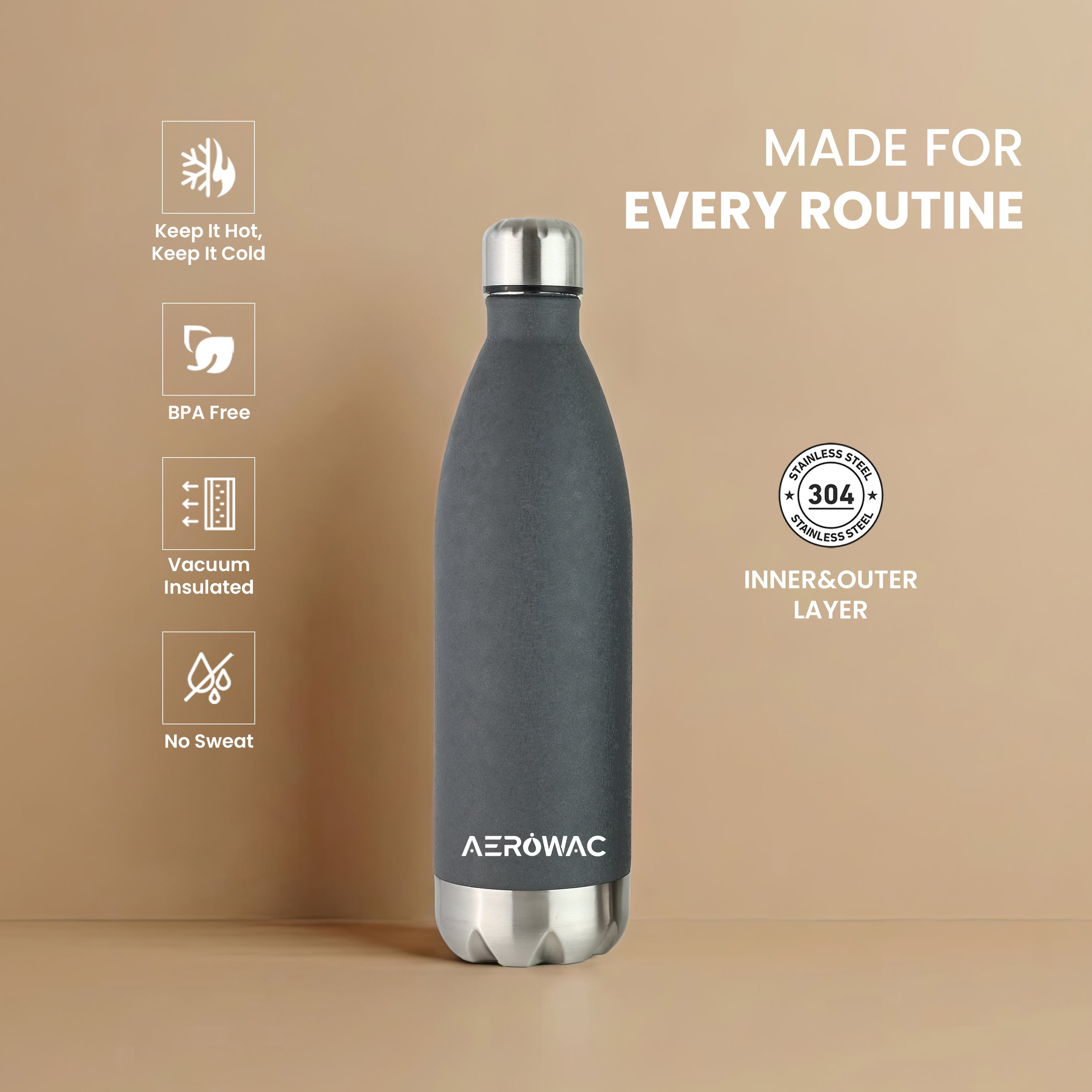 Aerowac Viva Double Wall Vacuum Insulated Stainless Steel Bottle | Hot & Cold 24 Hours | Leak-Proof | BPA - Free