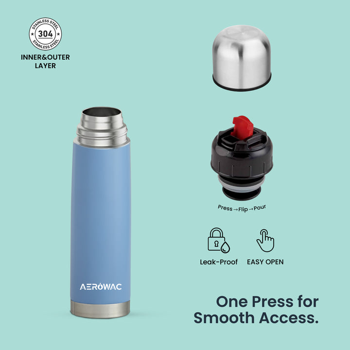 Aqua Double Wall Vacuum Insulated Stainless Steel Bottle | Hot &amp; Cold 24 Hours | Leak-Proof | BPA-Free