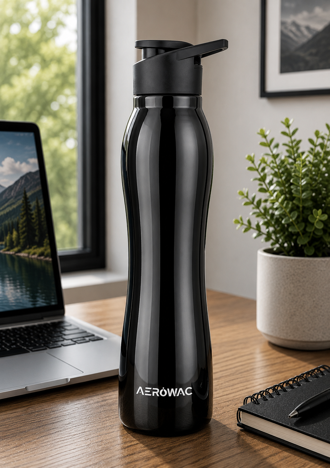Aerowac Silva Black Stainless Steel Water Bottle | 1000 ml | BPA Free | Leak Proof | Premium Black Finish | Sports Cap