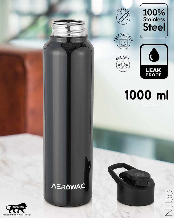 Aerowac Nubo Alpha Stainless Steel | Black Addition | 1000 ml | BPA Free | Leak Proof | Premium Finish