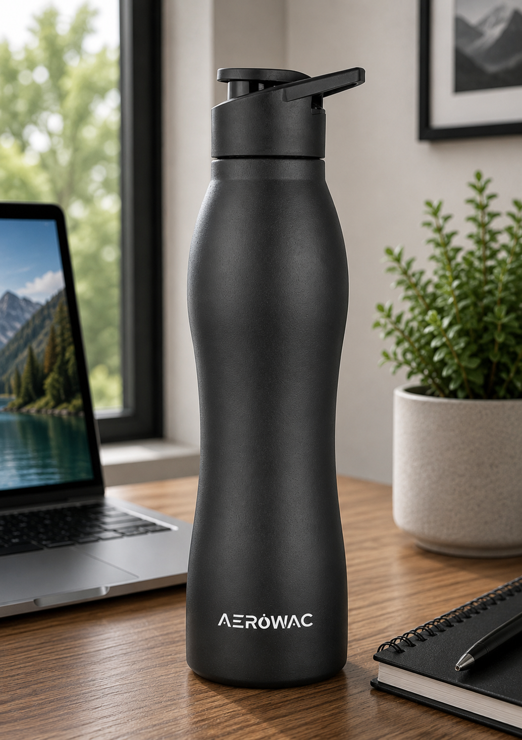 Aerowac Silva Black Stainless Steel Water Bottle | 1000 ml | BPA Free | Leak Proof | Premium Black Finish | Sports Cap
