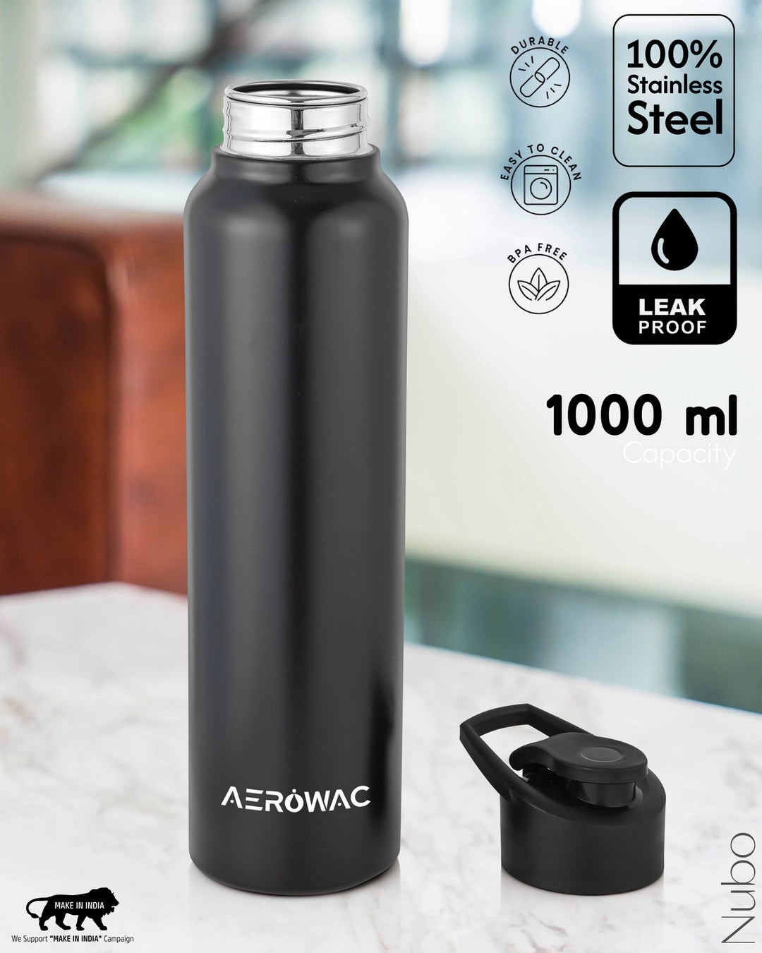 Aerowac Nubo Alpha Stainless Steel | Black Addition | 1000 ml | BPA Free | Leak Proof | Premium Finish