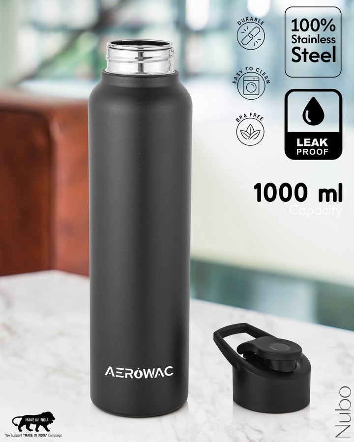 Aerowac Nubo Alpha Stainless Steel | Black Addition | 1000 ml | BPA Free | Leak Proof | Premium Finish