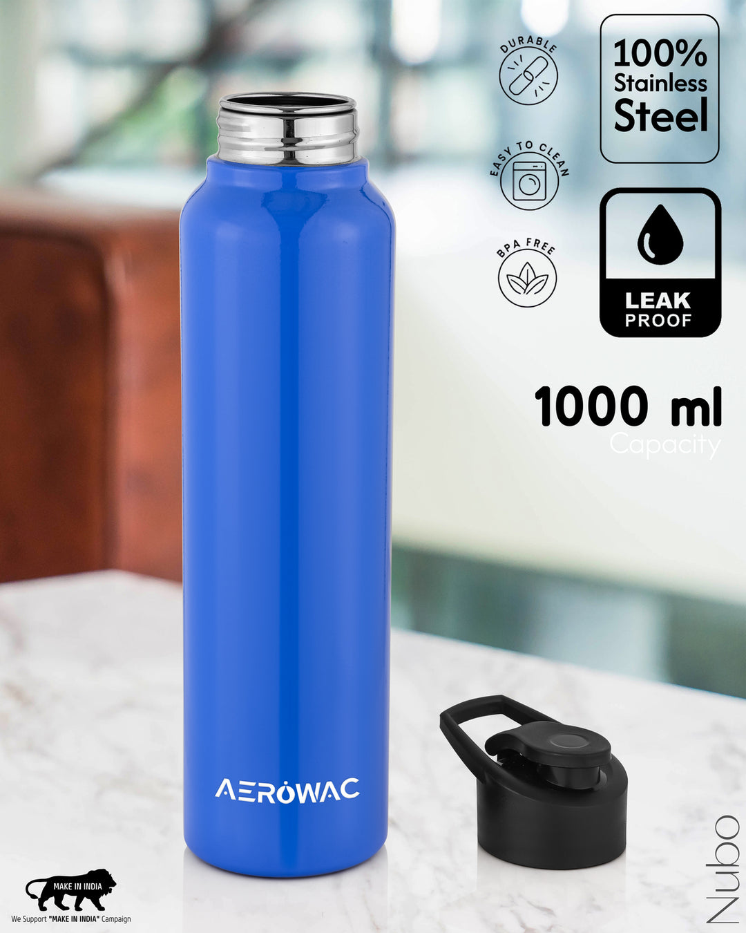 Aerowac Nubo Alpha Stainless Steel Water Bottle | 1000 ml | BPA Free | Leak Proof | Premium Glossy Finish | Sports Cap
