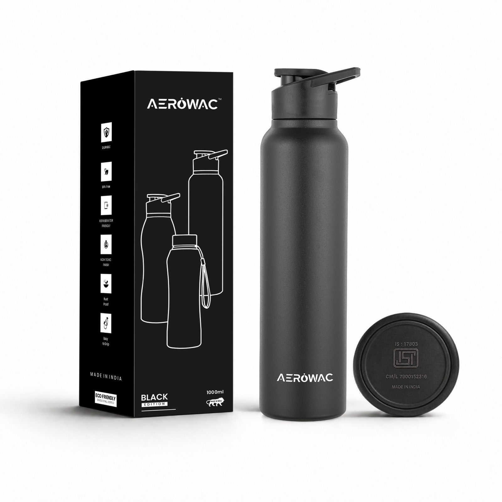 Aerowac Nubo Alpha Stainless Steel | Black Addition | 1000 ml | BPA Free | Leak Proof | Premium Finish