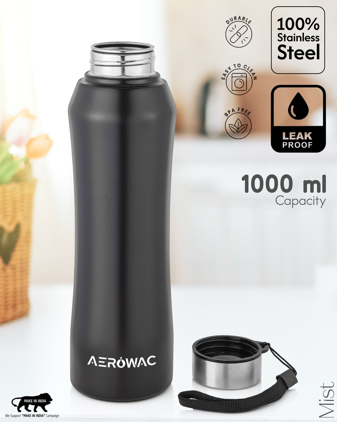 Aerowac Mist Black Stainless Steel Water Bottle | 1000 ml | BPA Free | Leak Proof | Premium Finish