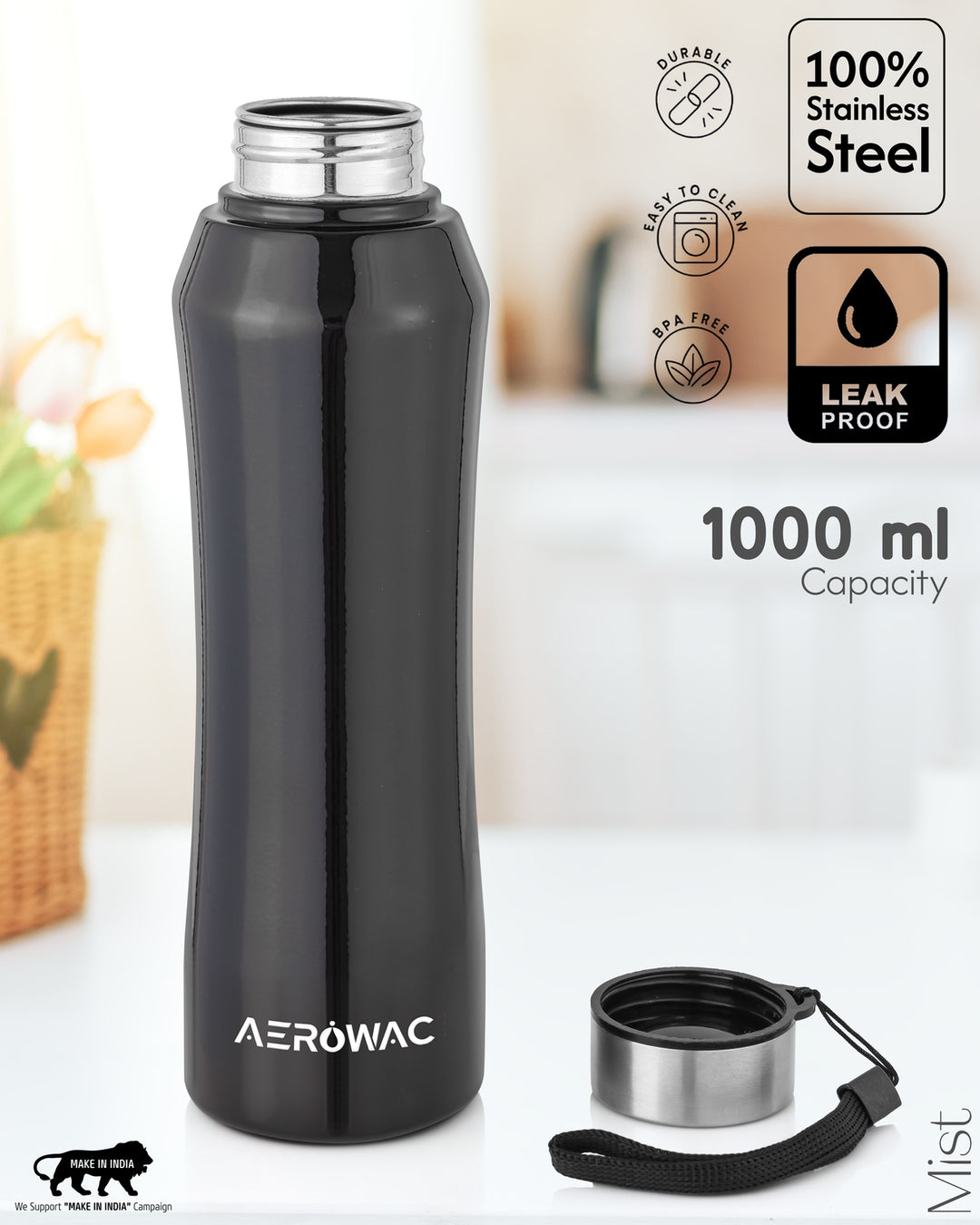 Aerowac Mist Black Stainless Steel Water Bottle | 1000 ml | BPA Free | Leak Proof | Premium Finish