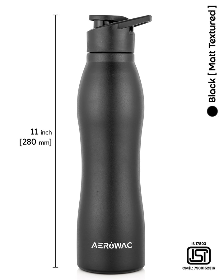 Aerowac Silva Black Stainless Steel Water Bottle | 1000 ml | BPA Free | Leak Proof | Premium Black Finish | Sports Cap