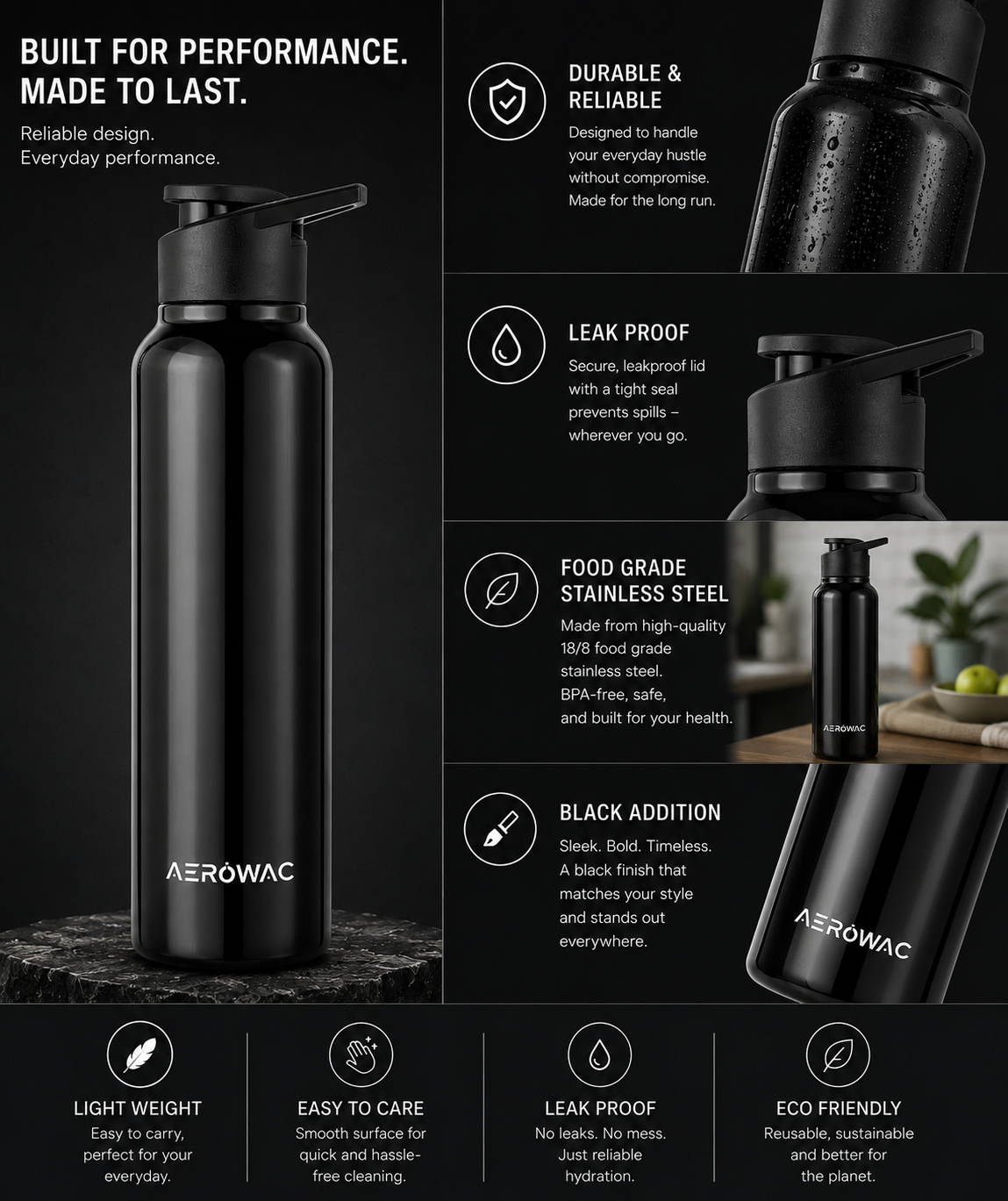 Aerowac Nubo Alpha Stainless Steel | Black Addition | 1000 ml | BPA Free | Leak Proof | Premium Finish