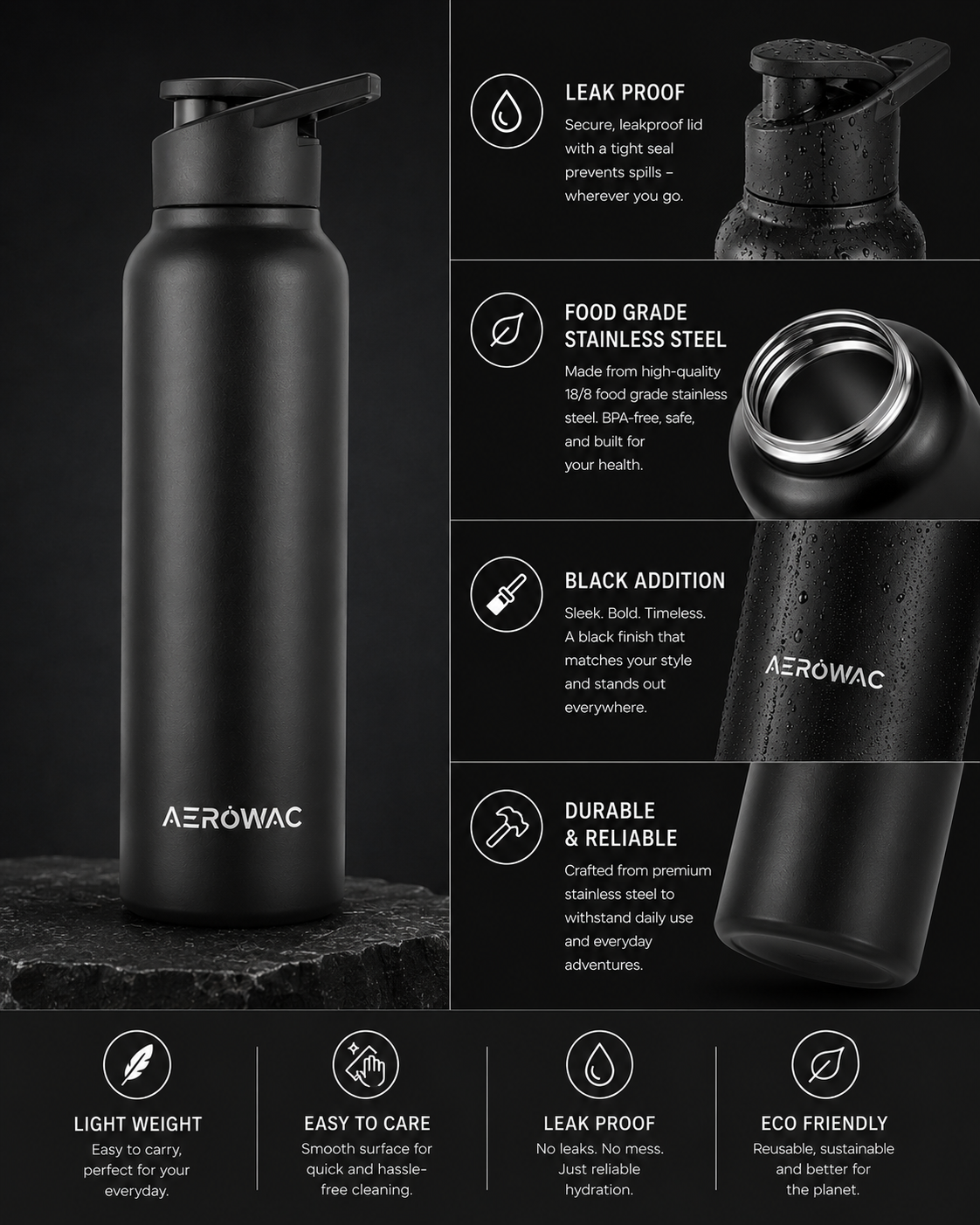 Aerowac Nubo Alpha Stainless Steel | Black Addition | 1000 ml | BPA Free | Leak Proof | Premium Finish