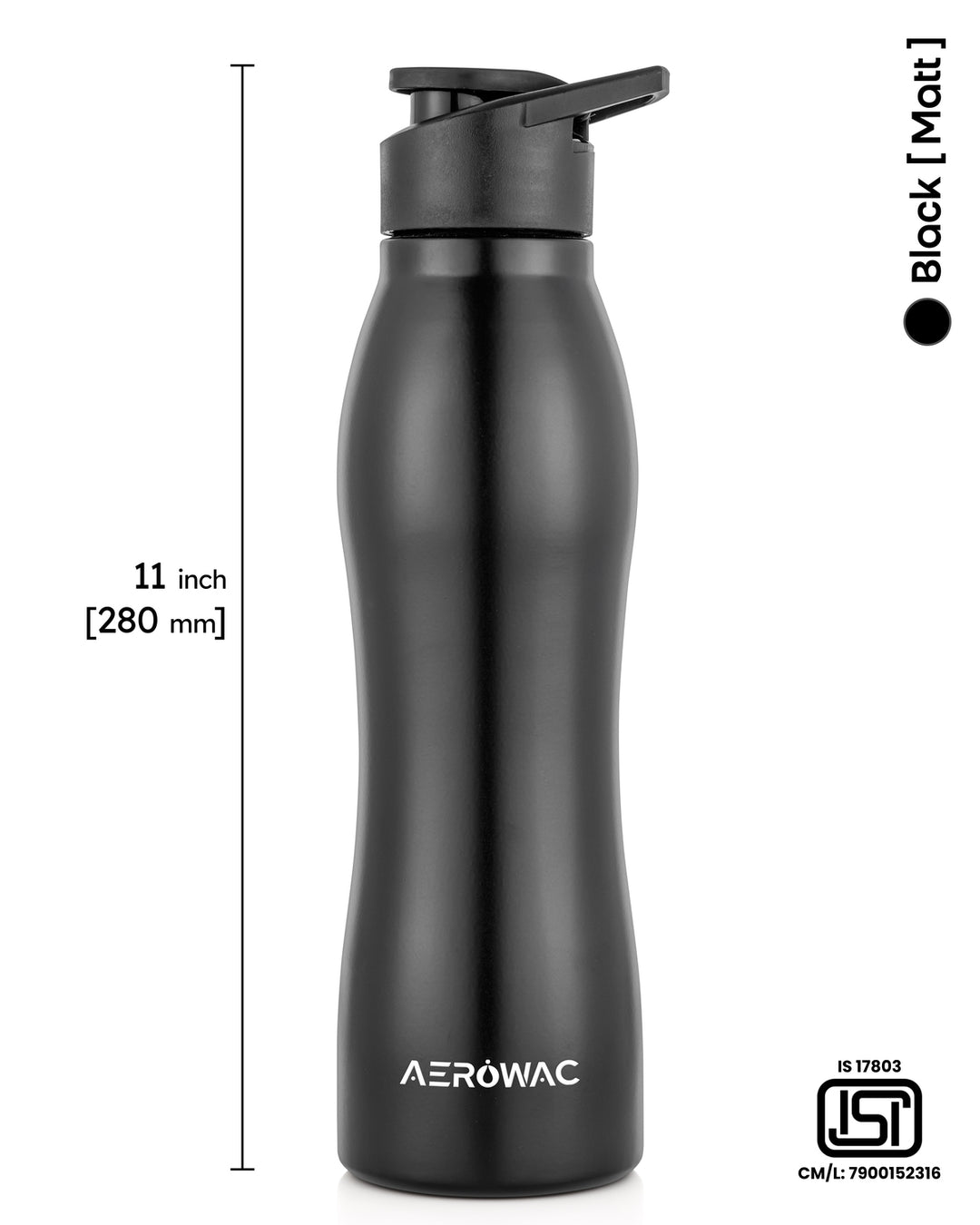Aerowac Silva Black Stainless Steel Water Bottle | 1000 ml | BPA Free | Leak Proof | Premium Black Finish | Sports Cap