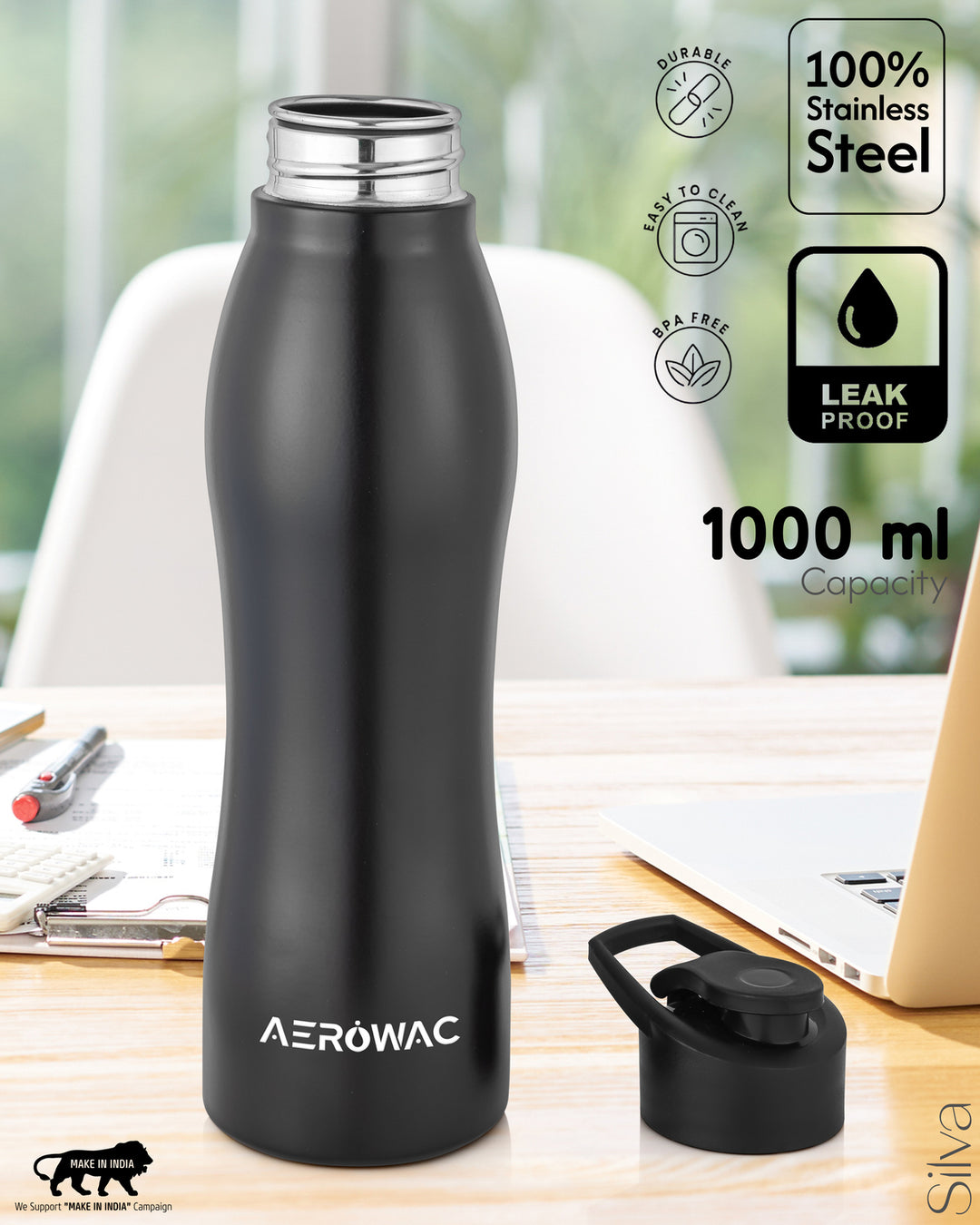Aerowac Silva Black Stainless Steel Water Bottle | 1000 ml | BPA Free | Leak Proof | Premium Black Finish | Sports Cap