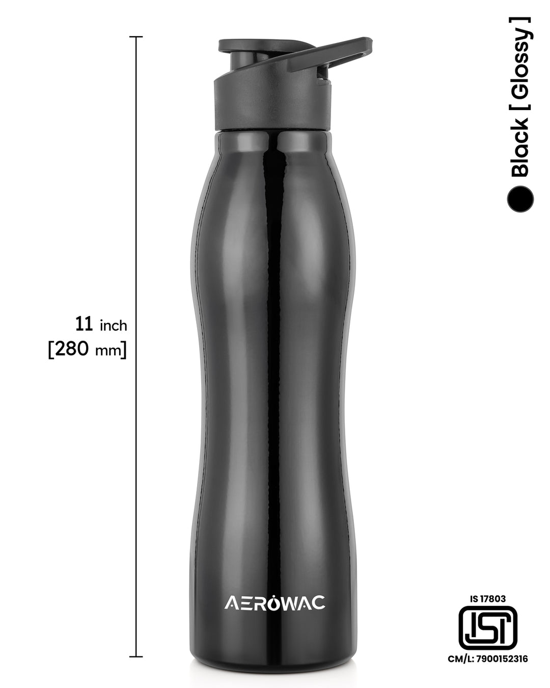 Aerowac Silva Black Stainless Steel Water Bottle | 1000 ml | BPA Free | Leak Proof | Premium Black Finish | Sports Cap