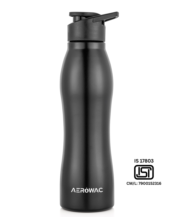 Aerowac Silva Black Stainless Steel Water Bottle | 1000 ml | BPA Free | Leak Proof | Premium Black Finish | Sports Cap