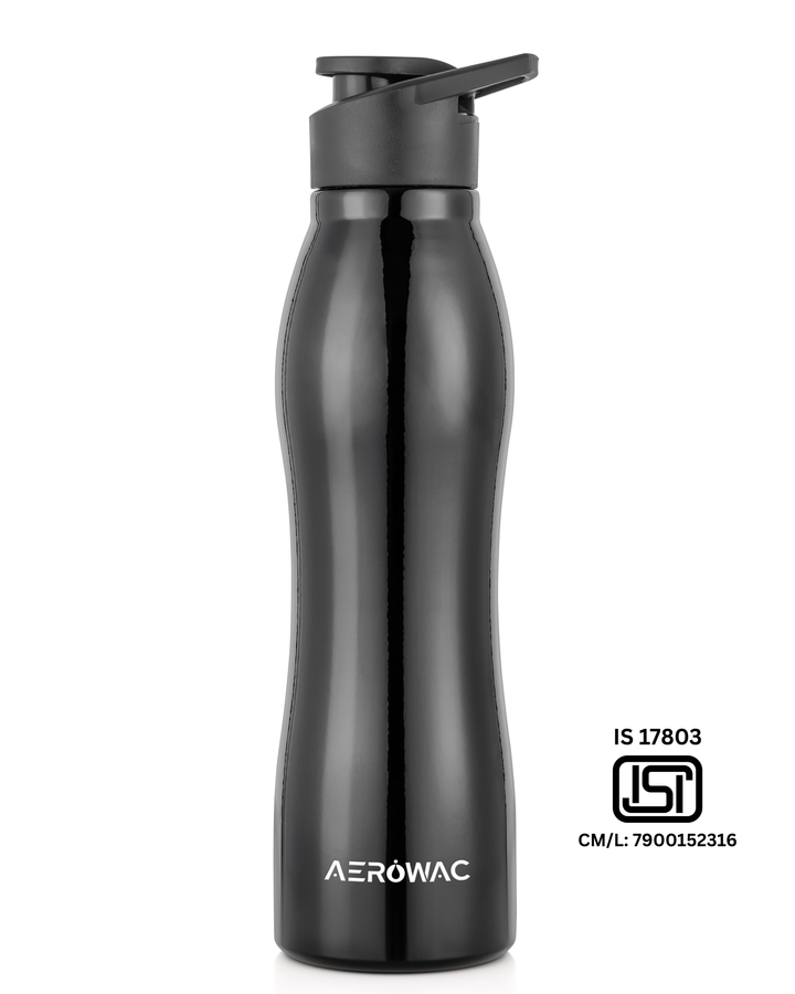 Aerowac Silva Black Stainless Steel Water Bottle | 1000 ml | BPA Free | Leak Proof | Premium Black Finish | Sports Cap