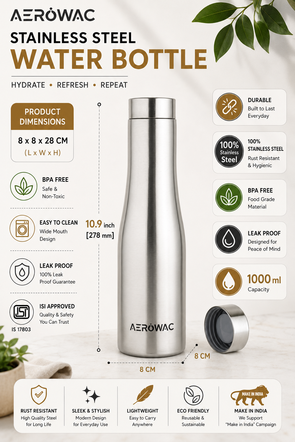 Vana Single Wall Stainless Steel Bottle | Lightweight &amp; Durable | BPA-Free | 1000ml