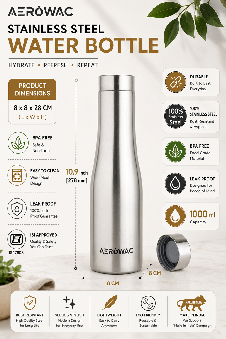Vana Single Wall Stainless Steel Bottle | Lightweight &amp; Durable | BPA-Free | 1000ml