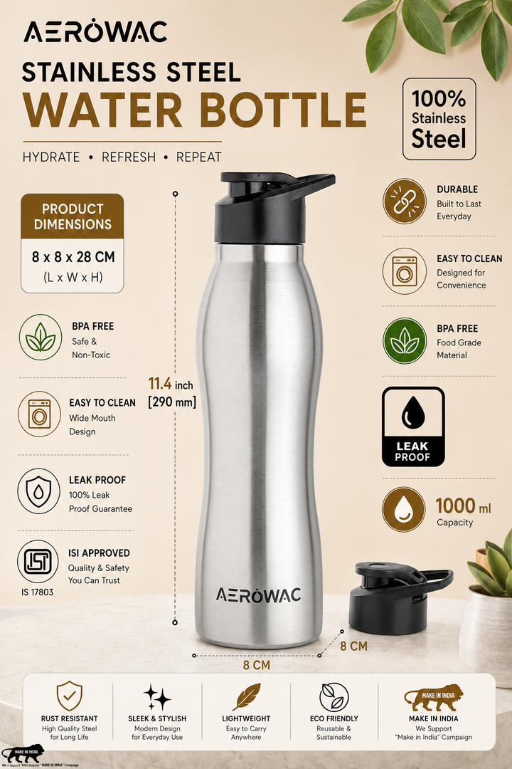 Silva Single Wall Stainless Steel Bottle | Lightweight &amp; Durable | BPA-Free | 1000ml
