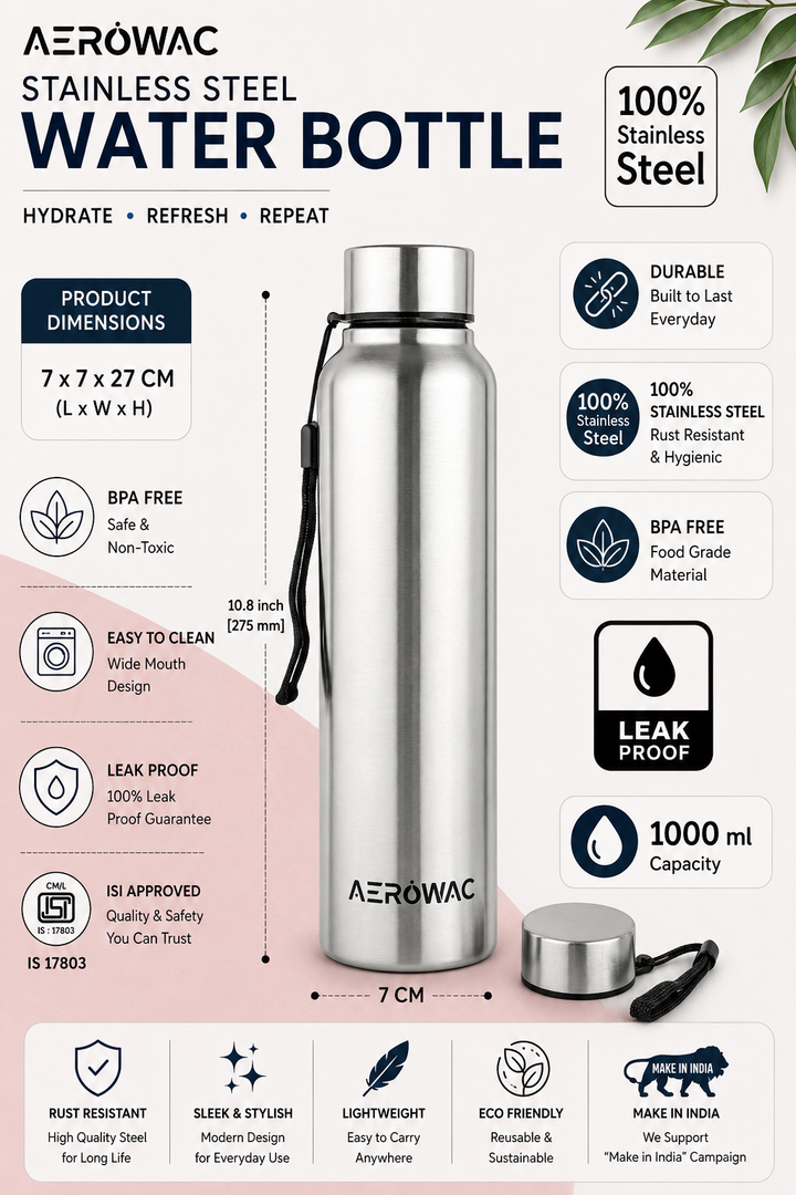 Nubo Single Wall Stainless Steel Bottle | Lightweight &amp; Durable | BPA-Free | 1000ml