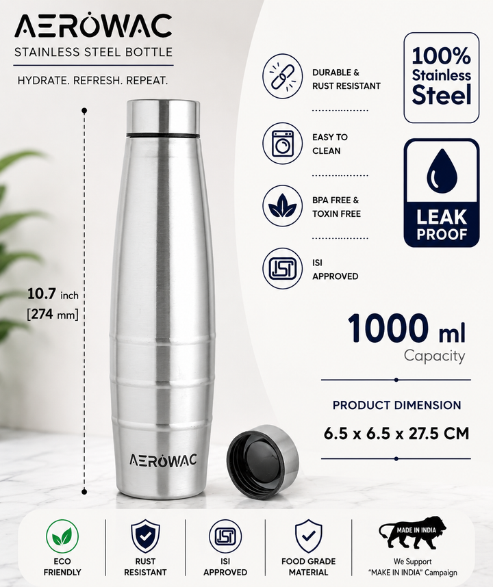 Astra Single Wall Stainless Steel Bottle | Lightweight &amp; Durable | BPA-Free | 1000ml
