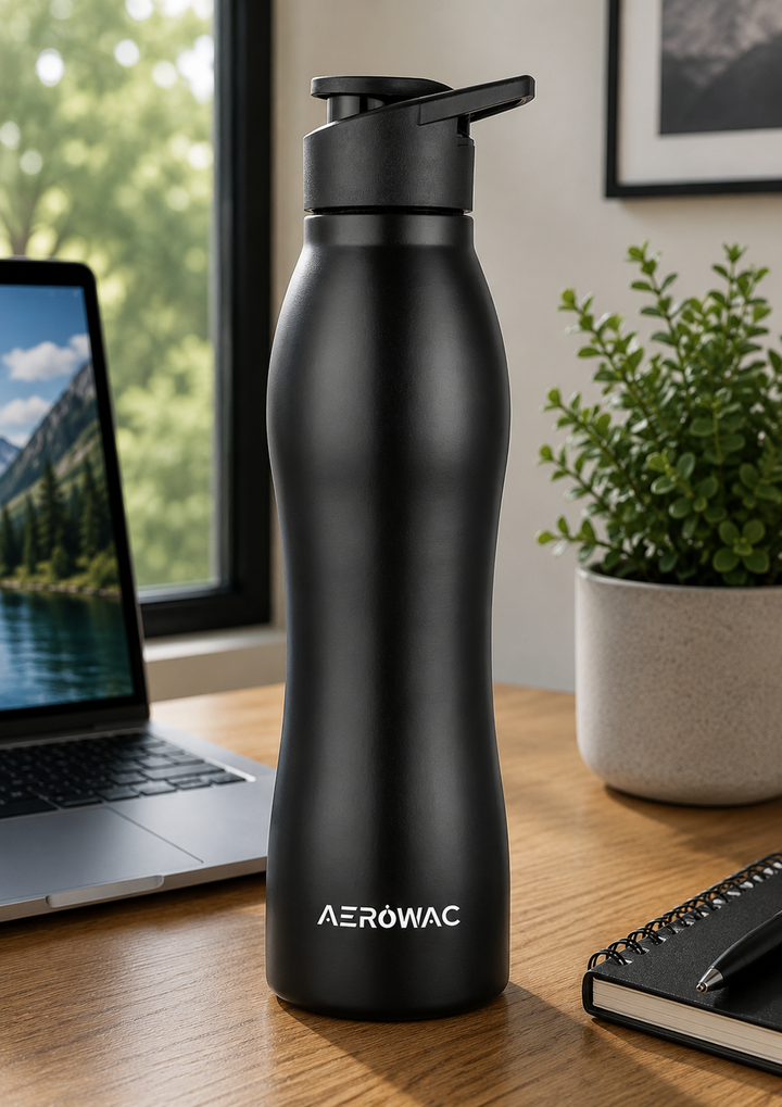 Aerowac Silva Black Stainless Steel Water Bottle | 1000 ml | BPA Free | Leak Proof | Premium Black Finish | Sports Cap